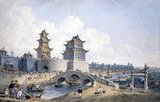 Watercolour by William Alexander (1767-1816) of Pingze Men, the Western Gate of Beijing, 1799. Alexander accompanied Lord Macartney on his embassy to the Chinese Emperor Qian Long.<br/><br/>

The Macartney Embassy, also called the Macartney Mission, was a British embassy to China in 1793. The Mission ran from 1792–94. It is named for the first envoy of Great Britain to China, George Macartney, who led the endeavour. The goal of the embassy was to convince Emperor Qianlong of China to ease restrictions on trade between Great Britain and China by allowing Great Britain to have a permanent embassy in Beijing, possession of 'a small unfortified island near Chusan for the residence of British traders, storage of goods, and outfitting of ships', and reduced tariffs on traders in Guangzhou.<br/><br/>

The embassy was ultimately not successful. This was not due to Macartney's refusal to kowtow in the presence of the Qianlong Emperor, as is commonly believed. It was also not a result of the Chinese reliance on tradition in dictating foreign policy but rather a result of competing world views which were uncomprehending and incompatible.