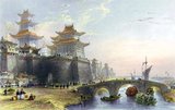 After a watercolour by William Alexander (1767-1816) of Pingze Men, the Western Gate of Beijing, 1799. Alexander accompanied Lord Macartney on his embassy to the Chinese Emperor Qiang Long.<br/><br/>

The Macartney Embassy, also called the Macartney Mission, was a British embassy to China in 1793. The Mission ran from 1792–94. It is named for the first envoy of Great Britain to China, George Macartney, who led the endeavour. The goal of the embassy was to convince Emperor Qianlong of China to ease restrictions on trade between Great Britain and China by allowing Great Britain to have a permanent embassy in Beijing, possession of 'a small unfortified island near Chusan for the residence of British traders, storage of goods, and outfitting of ships', and reduced tariffs on traders in Guangzhou.<br/><br/>

The embassy was ultimately not successful. This was not due to Macartney's refusal to kowtow in the presence of the Qianlong Emperor, as is commonly believed. It was also not a result of the Chinese reliance on tradition in dictating foreign policy but rather a result of competing world views which were uncomprehending and incompatible.