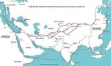 Outline map of the major trade routes between Europe and Asia around 100 CE, including the Silk Road, the Incense Road and the sea routes between Europe, Arabia, India and China. Geographical labels for regions are adapted from the Geography of Ptolemy (c. 150 CE), some trading centre names date from later (c. 400 CE).